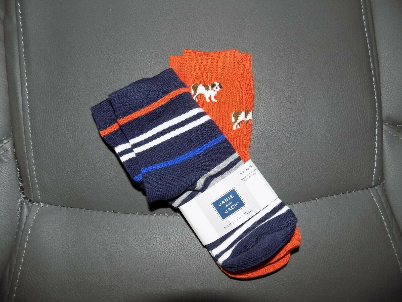 Janie And Jack 2 Pair Of Socks Dogs Orange/navy Blue Striped Size 2t To 3 New
