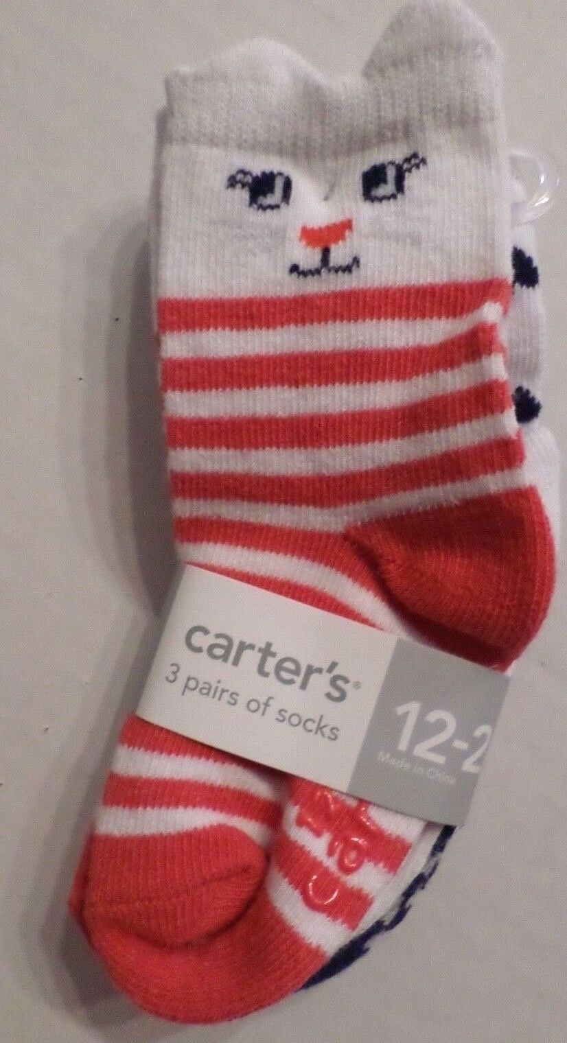 Carter's Girls Socks 3 Pr Cats-stripes-hearts White/multi Cotton Blend 12-24 Mo