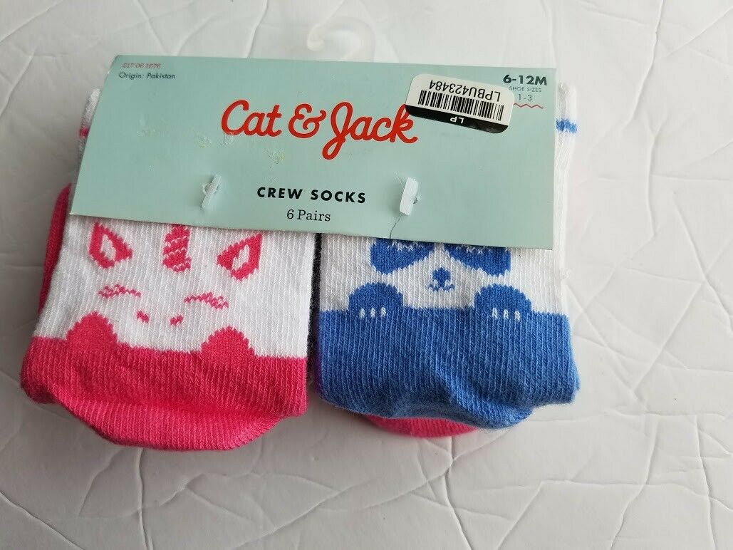Girls Cat & Jack Crew Socks, 6-12m Multi-colored, 6 Pairs, Crew Socks, New
