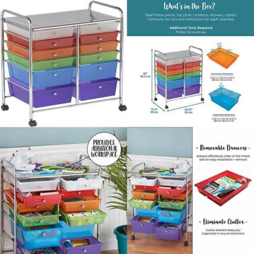 12 Drawer Mobile Organizer 31.75" H Assorted Colors