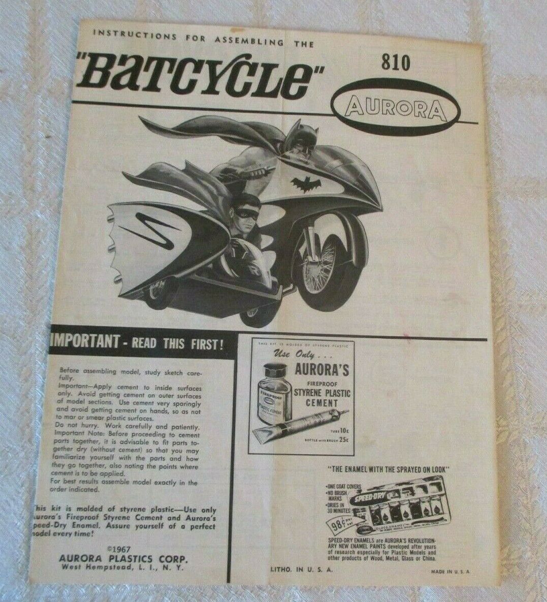1967 Aurora-batcycle 810- Model Kit Instruction Sheet Only- Robin-comic Toy
