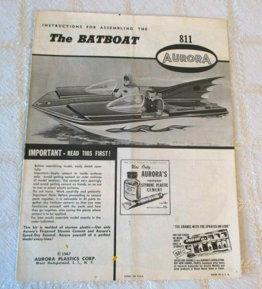 1967 Aurora-the Batboat-batman-robin-model Kit Instruction Sheet Only-comic Toy
